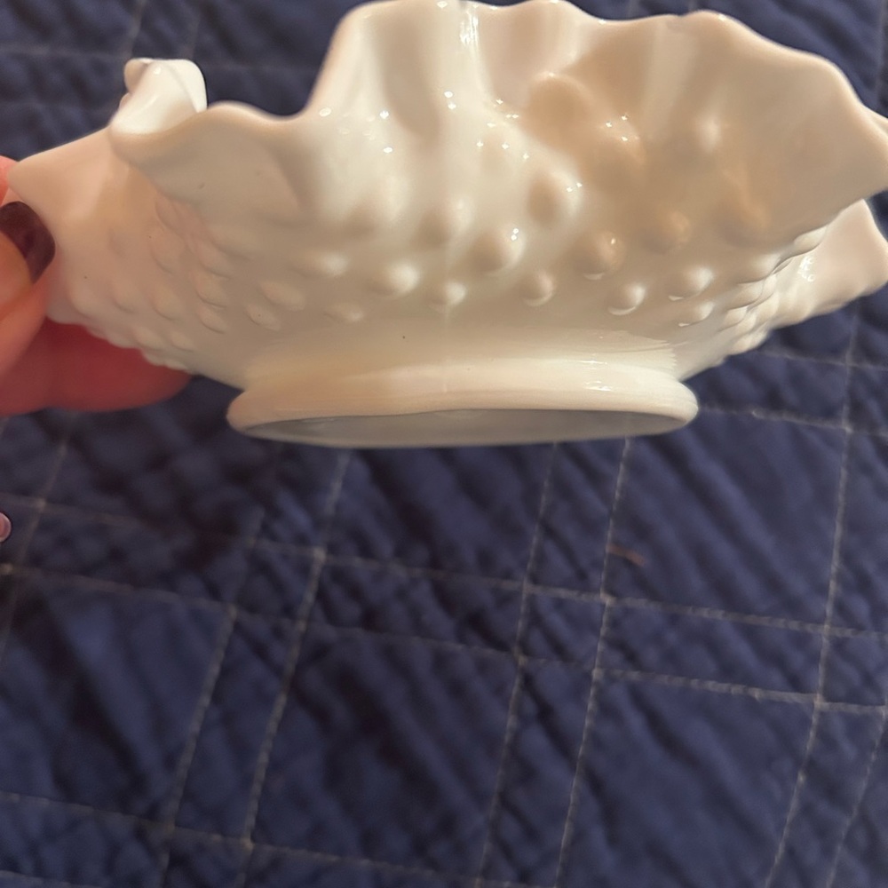 Fenton Hobnail Ruffled Milk Glass Petite Candy Dish 6”. Classic Flawless